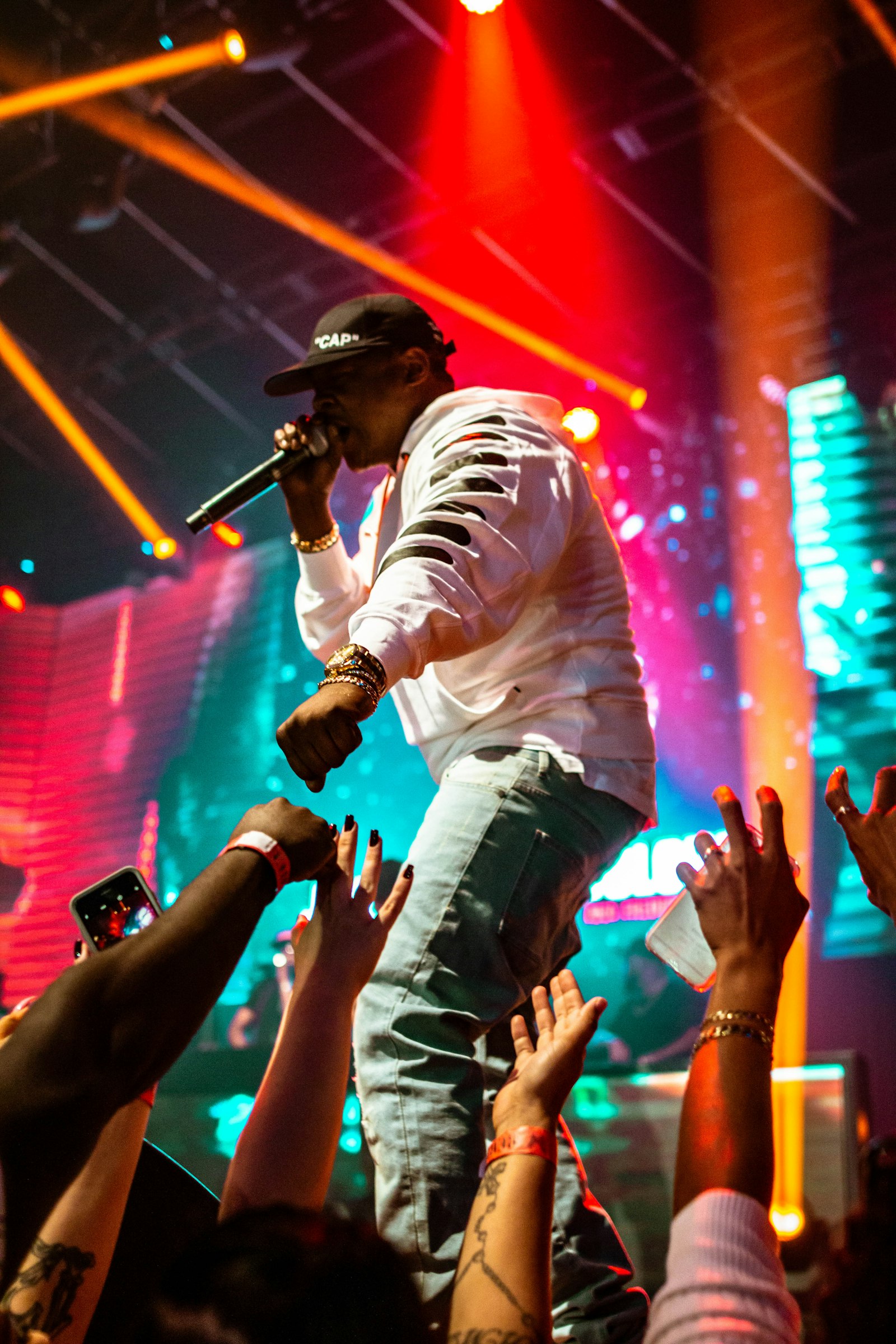 Performer on stage above a cheering crowd